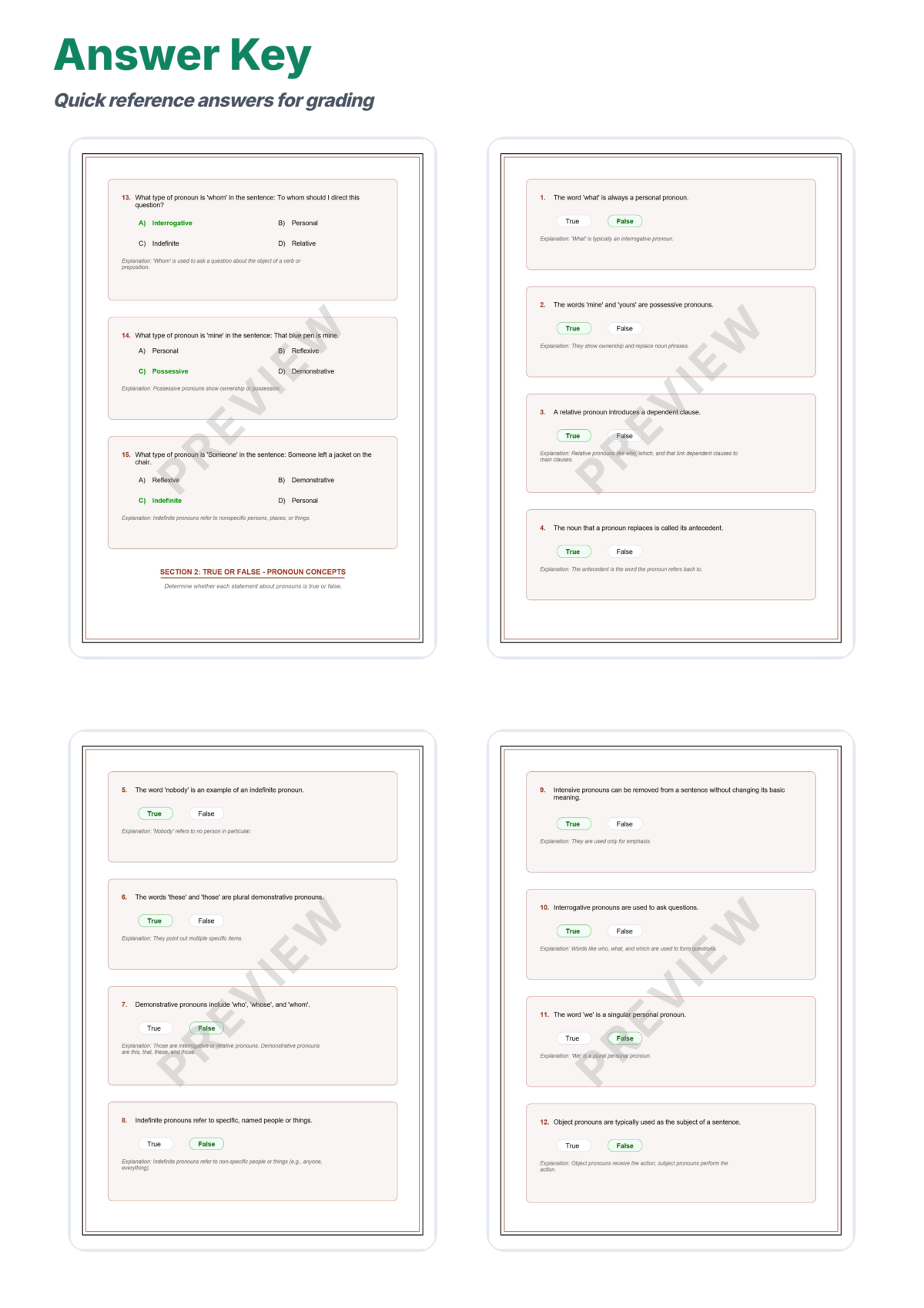 Preview sheet 6 of Pronoun Types Worksheet Packet – Subject Object Reflexive & Relative Forms