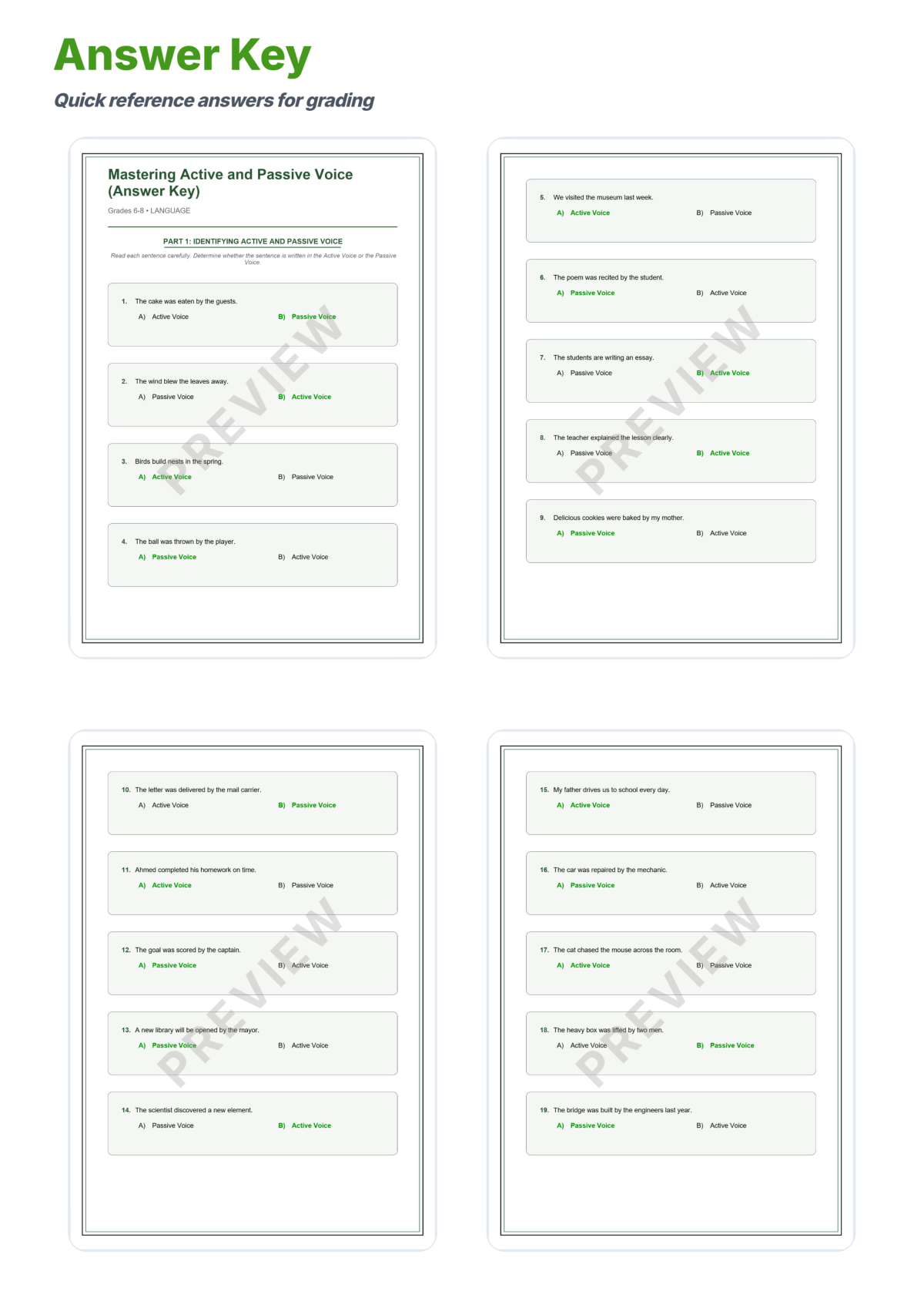 Preview sheet 6 of Active and Passive Voice Worksheets | Grammar Practice, Answer Key, Lesson Plan