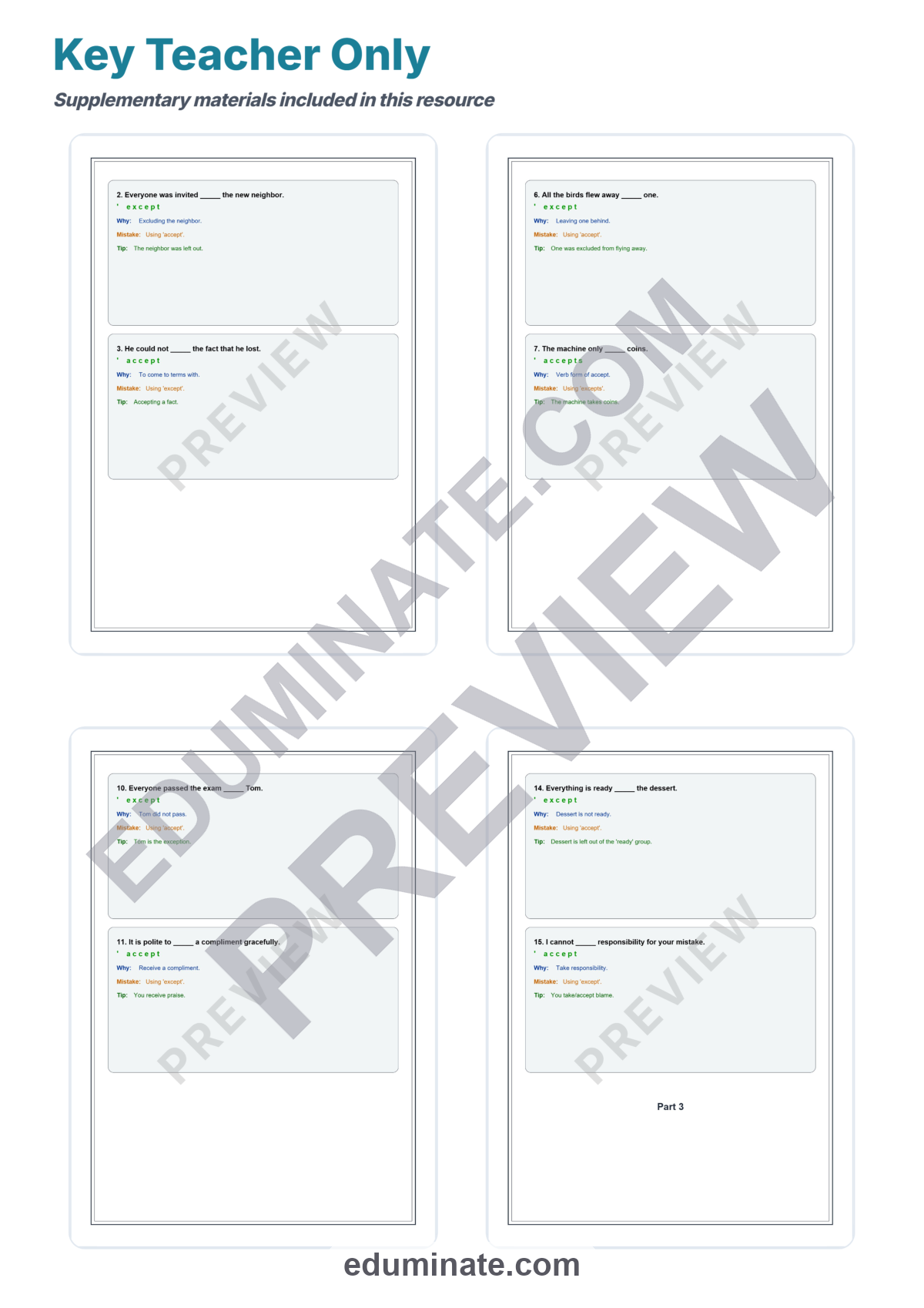 Preview sheet 6 of Accept vs Except Worksheets | Grammar Practice | Reading Passage Activity Pages