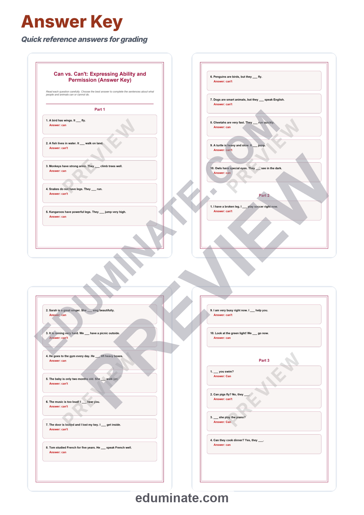 Preview sheet 6 of Can vs Can’t Worksheets | English Grammar Practice | Ability Permission Set