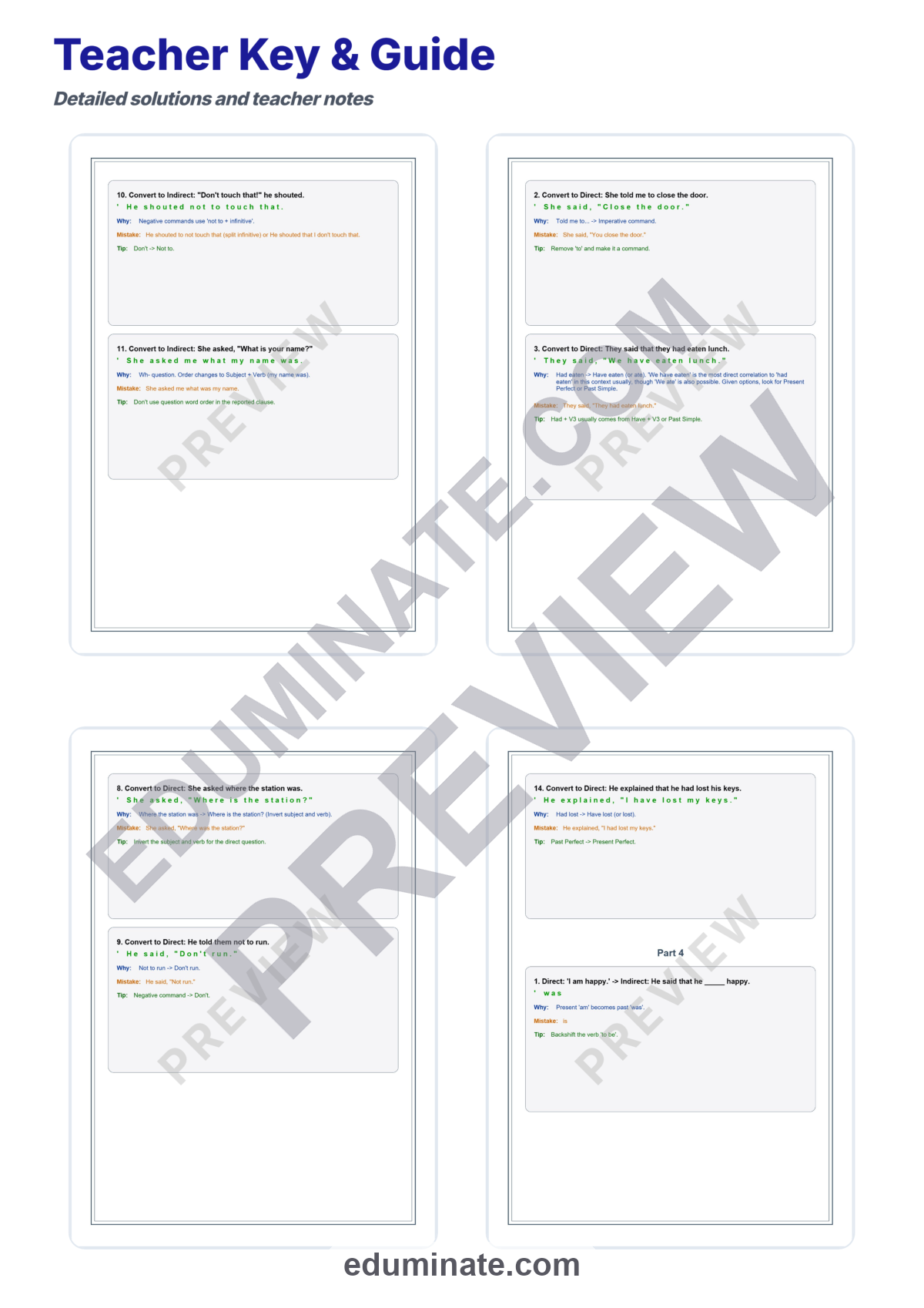 Preview sheet 6 of Direct and Indirect Speech Worksheets | Reported Speech Practice | Grammar Set