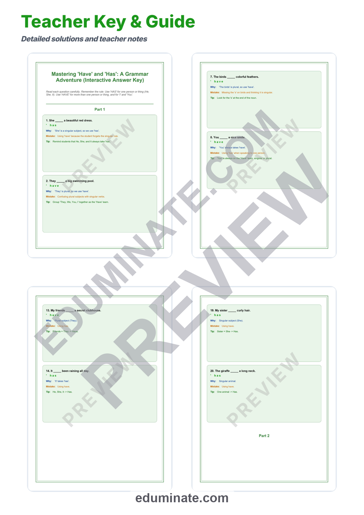 Preview sheet 6 of Have or Has Worksheet | Subject Verb Agreement Practice | Grammar Printables