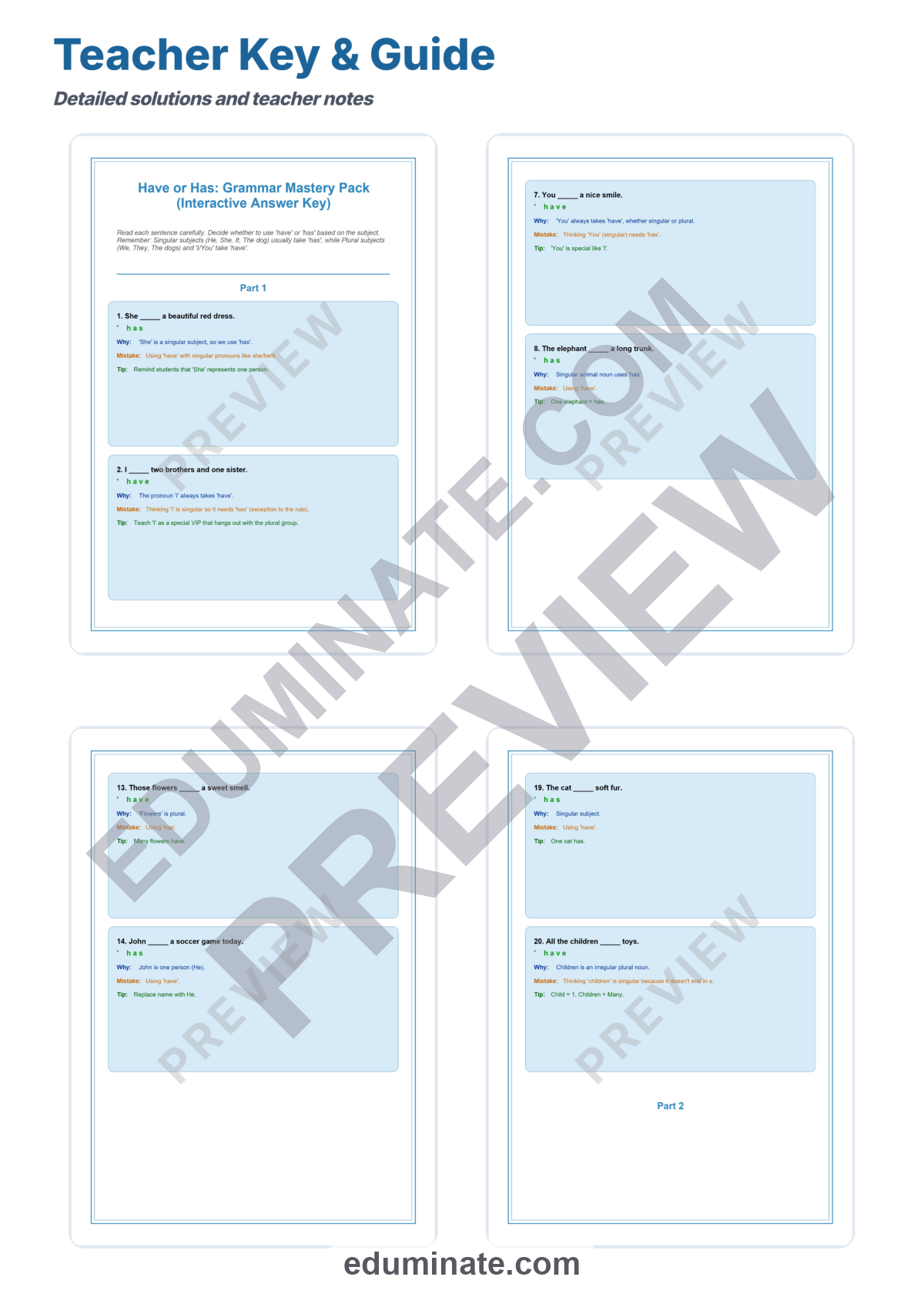 Preview sheet 6 of Subject Verb Agreement Worksheets | Have Has Practice | Grammar Activities Pack
