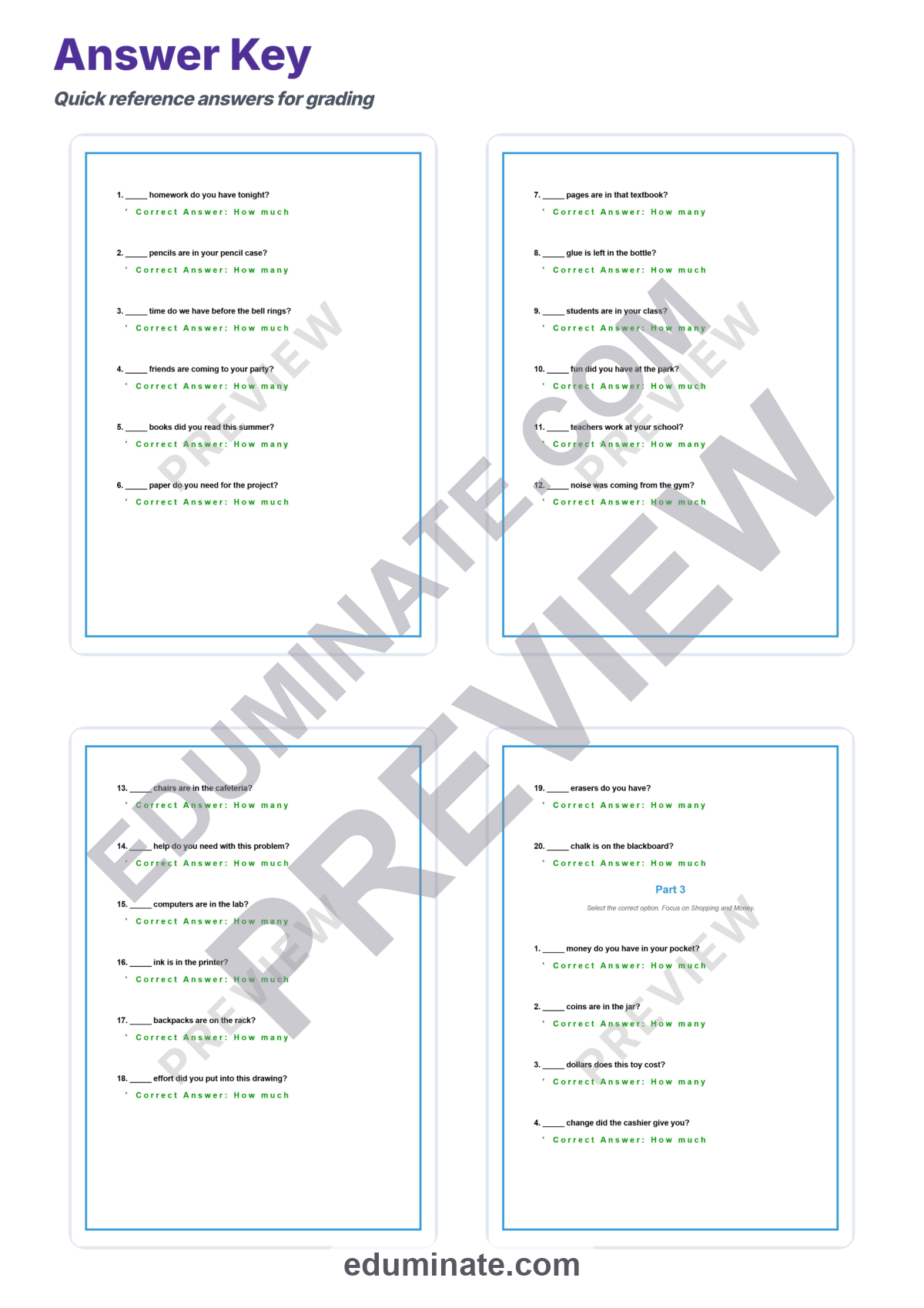 Preview sheet 6 of How Much or How Many Worksheet | Countable and Uncountable Nouns Practice Pack