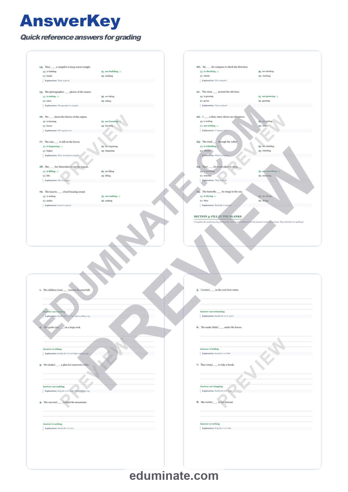 Preview sheet 6 of Present Continuous Tense Worksheets | Jungle Expedition ESL Grammar Practice