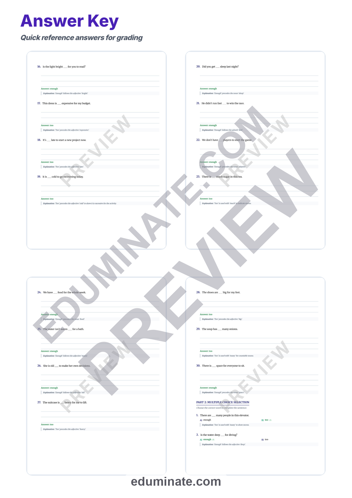 Preview sheet 6 of Too Vs Enough Worksheets | Grammar Practice Activities | Fill In The Blank Set