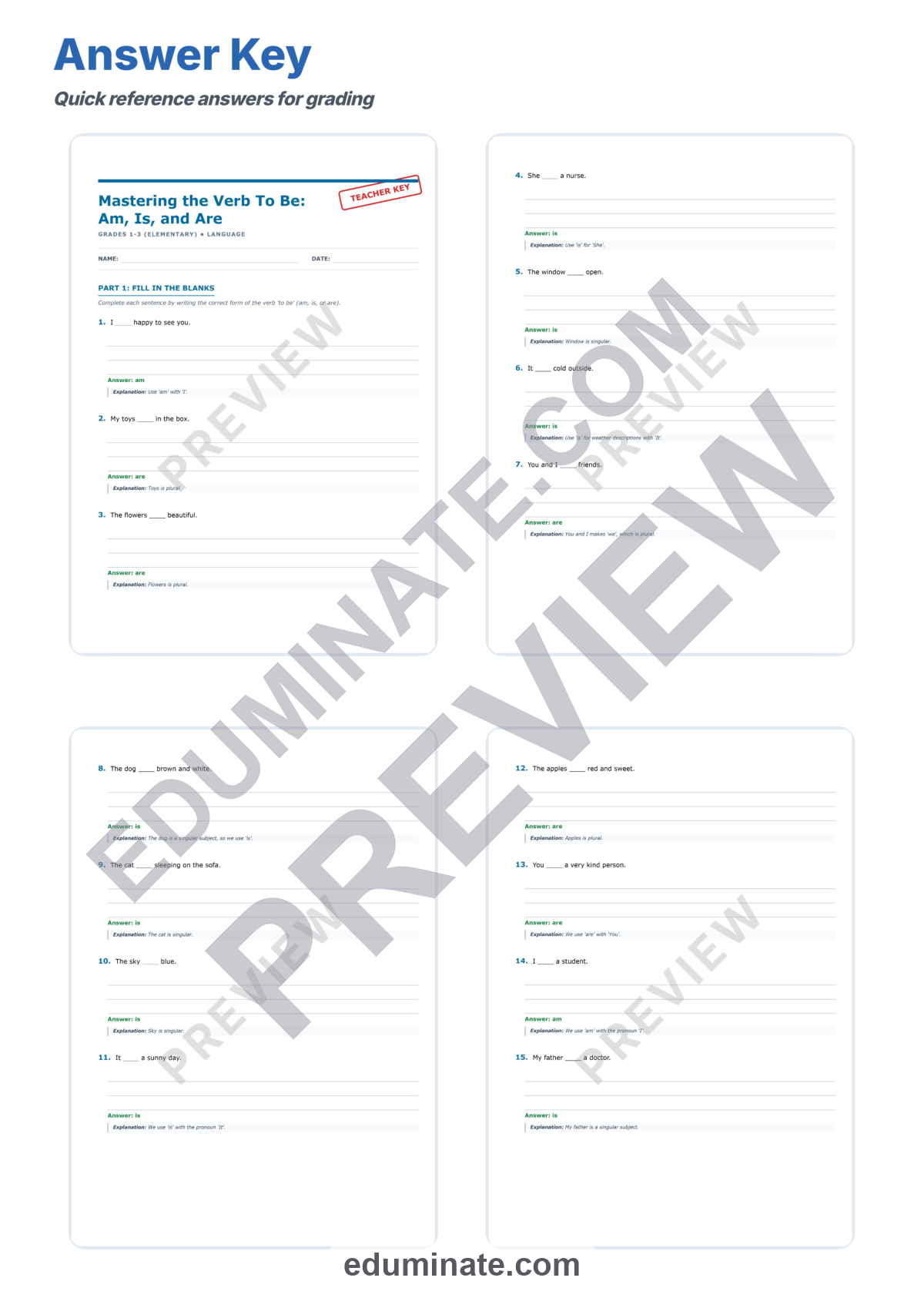 Preview sheet 6 of Verb To Be Worksheets | Am Is Are Practice | Grammar Fill In The Blank Set