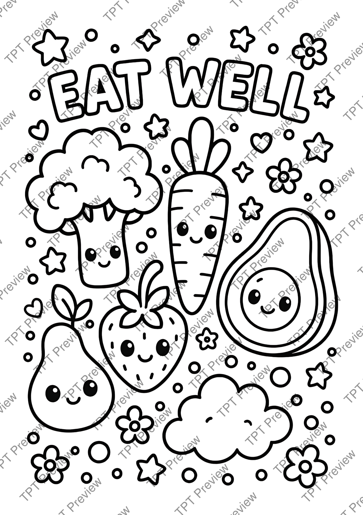 Preview sheet 6 of Healthy Eating Coloring Pages | Kawaii Fruit and Veggie Printables | 30 Pages