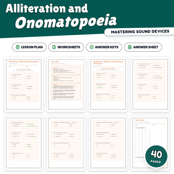 Alliteration and Onomatopoeia Worksheets | Sound Device Practice | Answer Key — resource cover