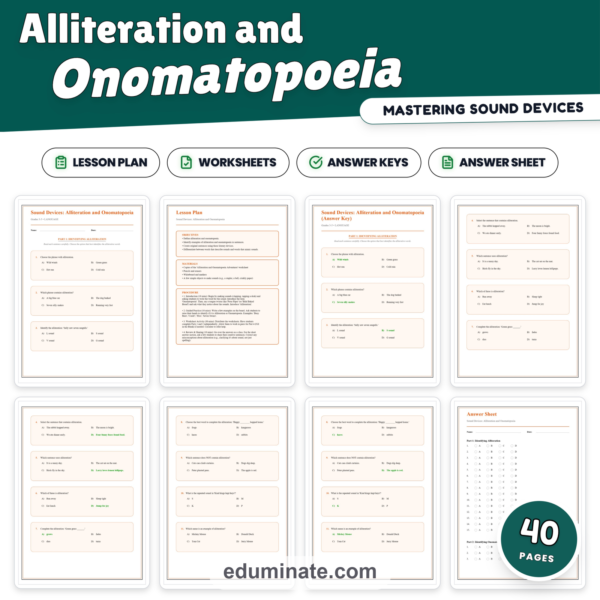 Alliteration and Onomatopoeia Worksheets | Sound Device Practice | Answer Key — resource cover