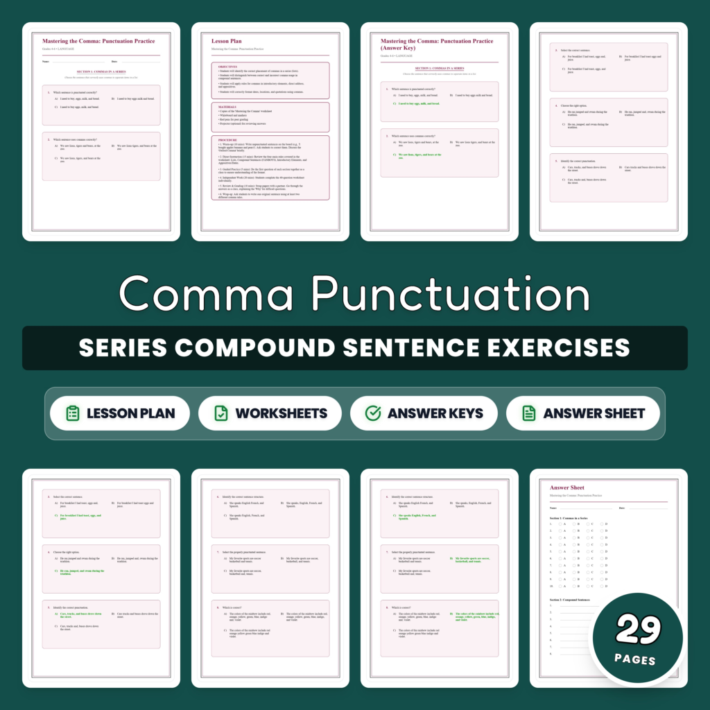 Comma Usage Worksheet Packet – Series Introductory Clauses and Dates Rules