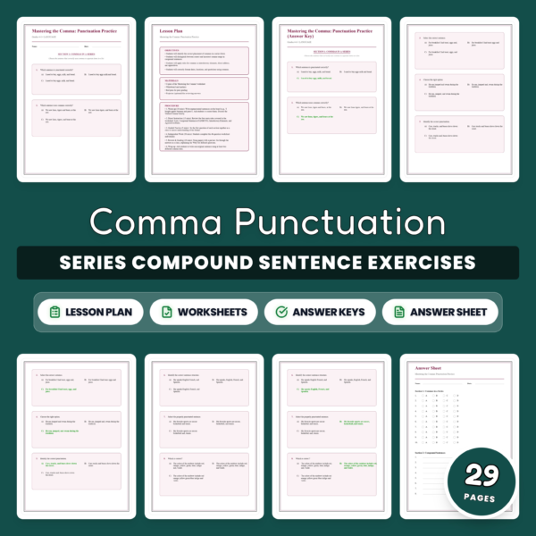 Comma Usage Worksheet Packet - Series Introductory Clauses and Dates Rules — resource cover