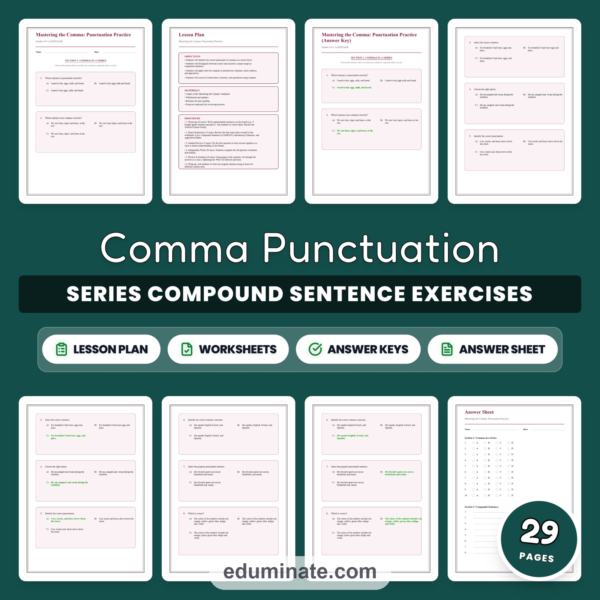 Comma Usage Worksheet Packet - Series Introductory Clauses and Dates Rules — resource cover