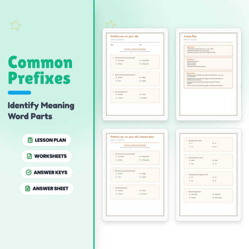 Prefixes Un Re Pre Dis Worksheet Packet – Word Study & Root Word Practice