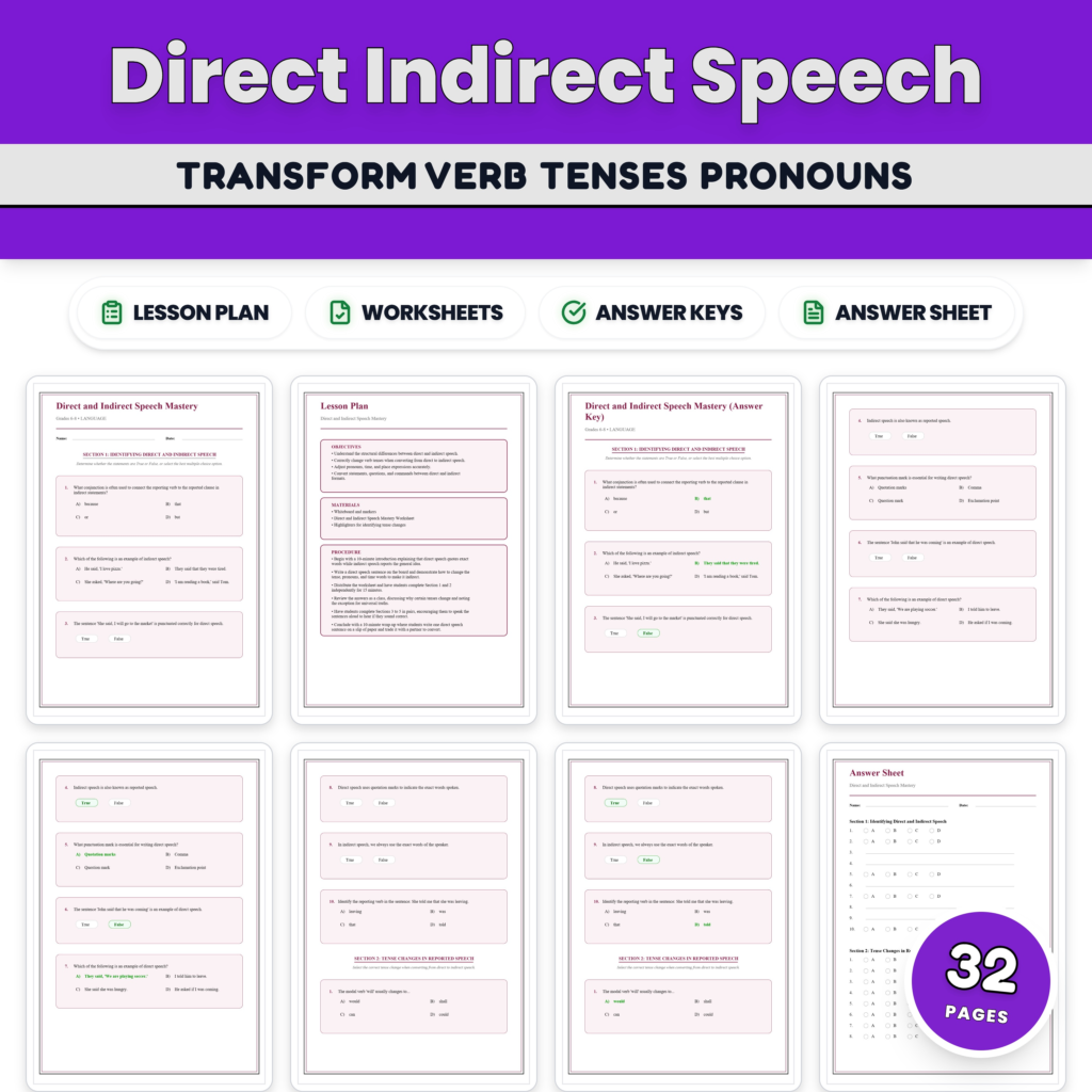 Direct and Indirect Speech Worksheets – Reported Speech & Dialogue Practice