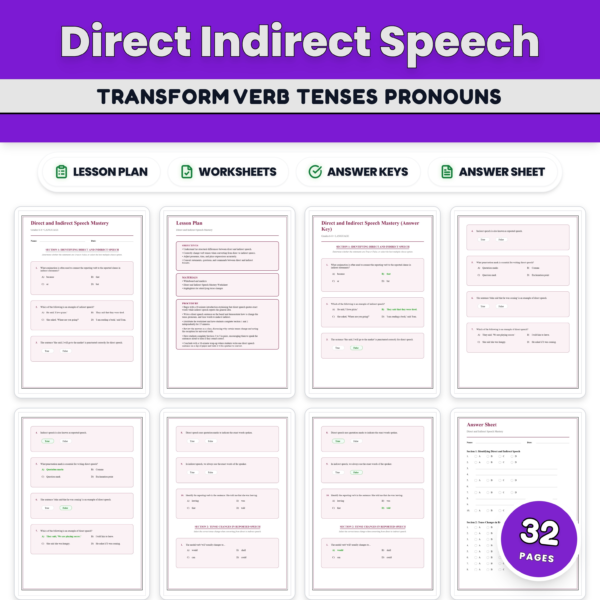 Direct and Indirect Speech Worksheets - Reported Speech & Dialogue Practice — resource cover