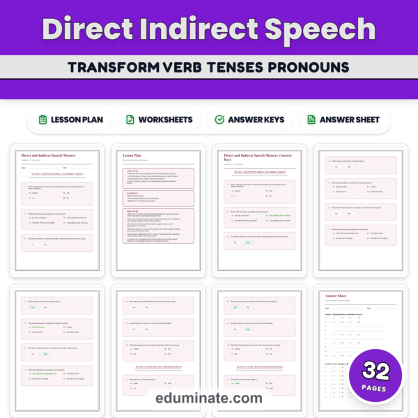 Direct and Indirect Speech Worksheets - Reported Speech & Dialogue Practice — resource cover