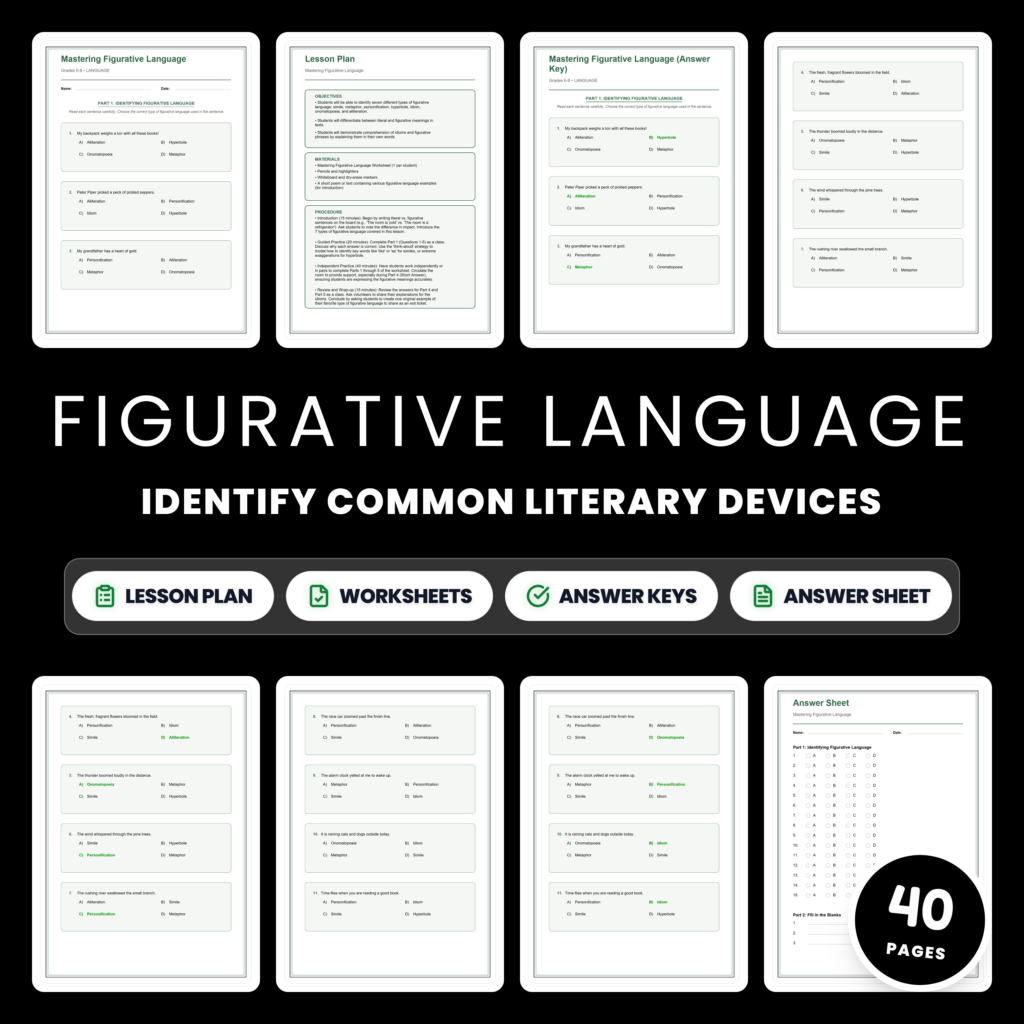Figurative Language Worksheets – Simile Metaphor Personification & Idioms
