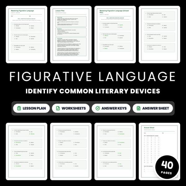 Figurative Language Worksheets - Simile Metaphor Personification & Idioms — resource cover