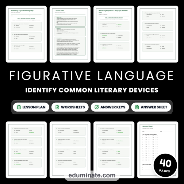 Figurative Language Worksheets - Simile Metaphor Personification & Idioms — resource cover