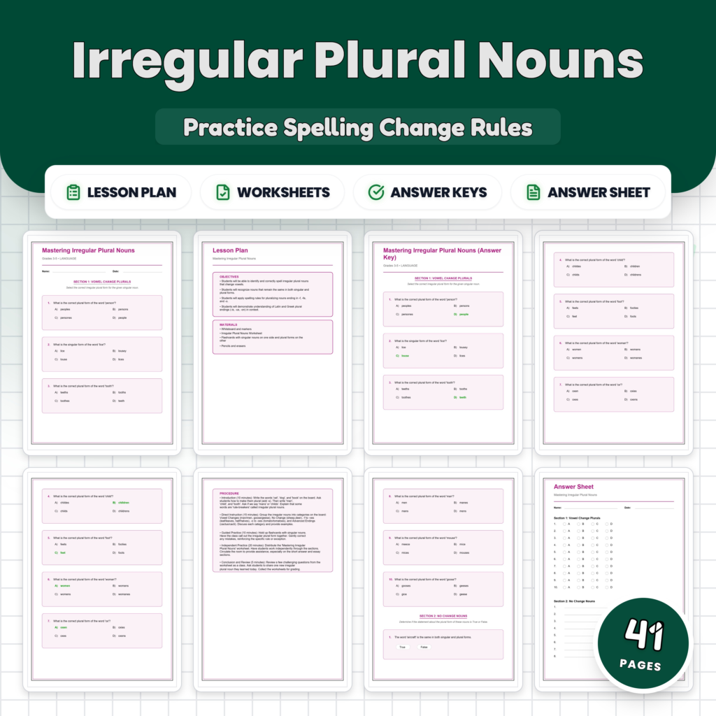 Irregular Plural Nouns Worksheet Packet – Spelling Rules & Plural Practice