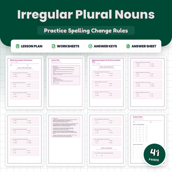 Irregular Plural Nouns Worksheet Packet - Spelling Rules & Plural Practice — resource cover