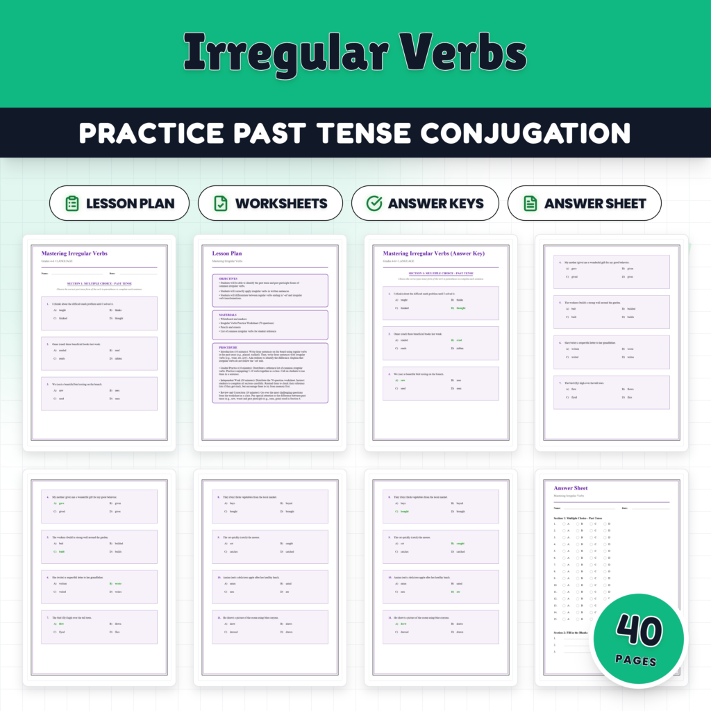 Irregular Verbs Practice Worksheets – Past Tense & Past Participle Grammar