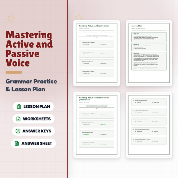 Active and Passive Voice Worksheets | Grammar Practice, Answer Key, Lesson Plan — resource cover