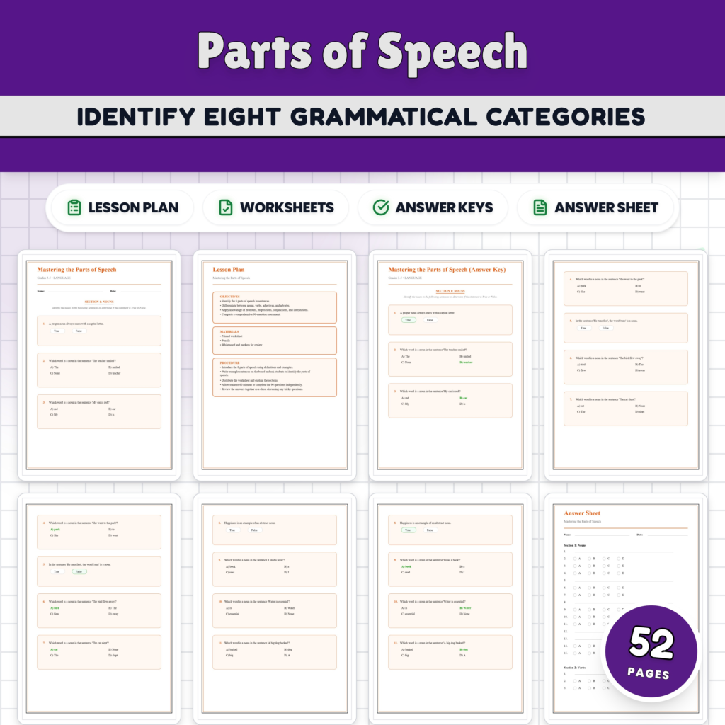 Parts of Speech Worksheets – Nouns Verbs Adjectives & Adverbs Practice Set