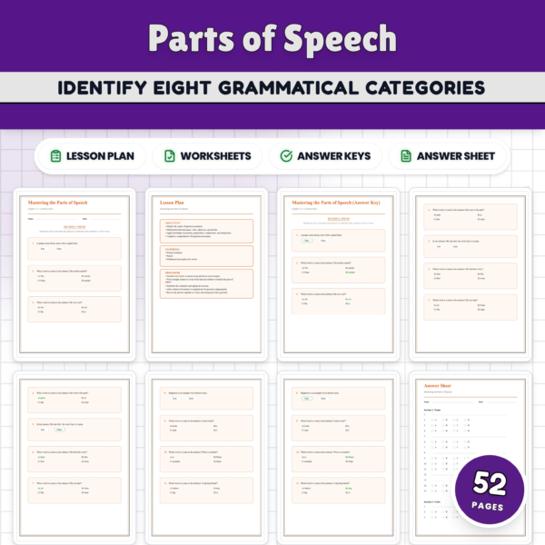 Parts of Speech Worksheets - Nouns Verbs Adjectives & Adverbs Practice Set — resource cover