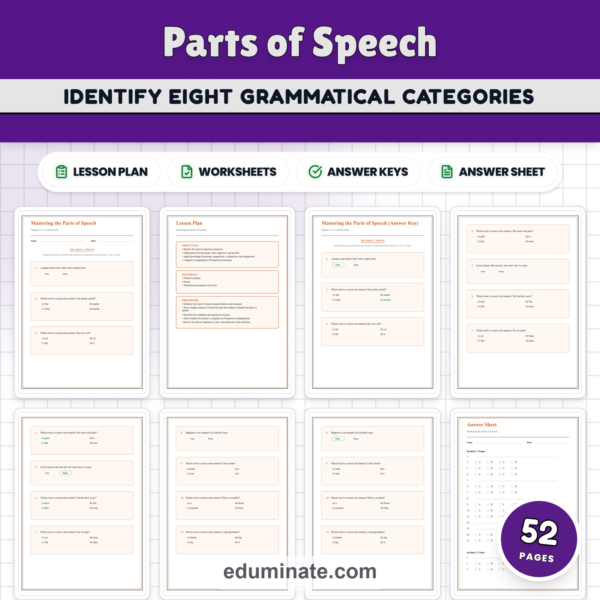 Parts of Speech Worksheets - Nouns Verbs Adjectives & Adverbs Practice Set — resource cover