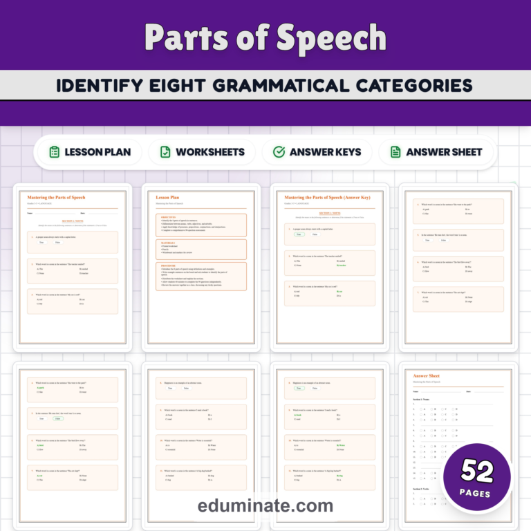 Parts of Speech Worksheets Bundle | Nouns, Verbs, Pronouns and Prepositions cover 1