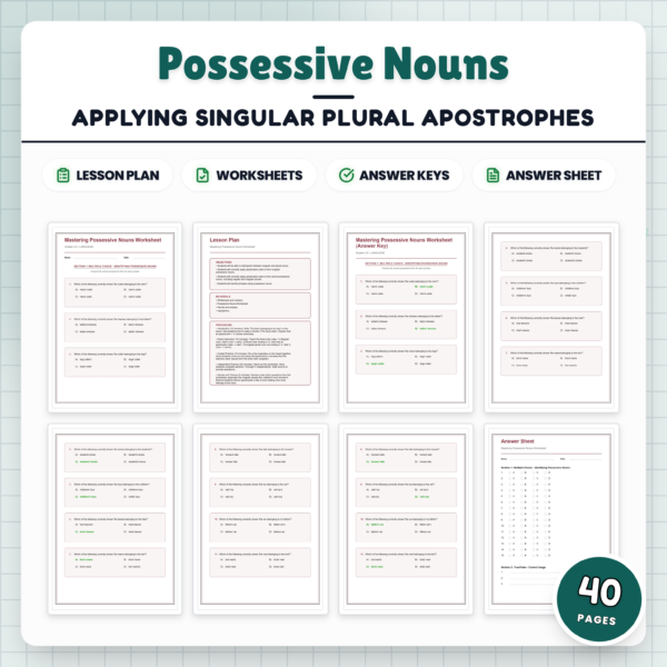 Possessive Nouns Worksheet Packet With Singular and Plural Apostrophe Work — resource cover