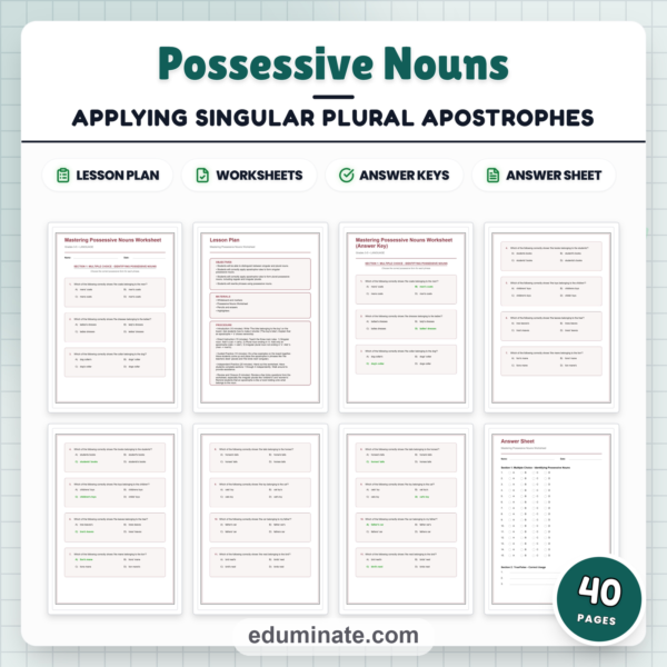 Possessive Nouns Worksheet Packet With Singular and Plural Apostrophe Work — resource cover