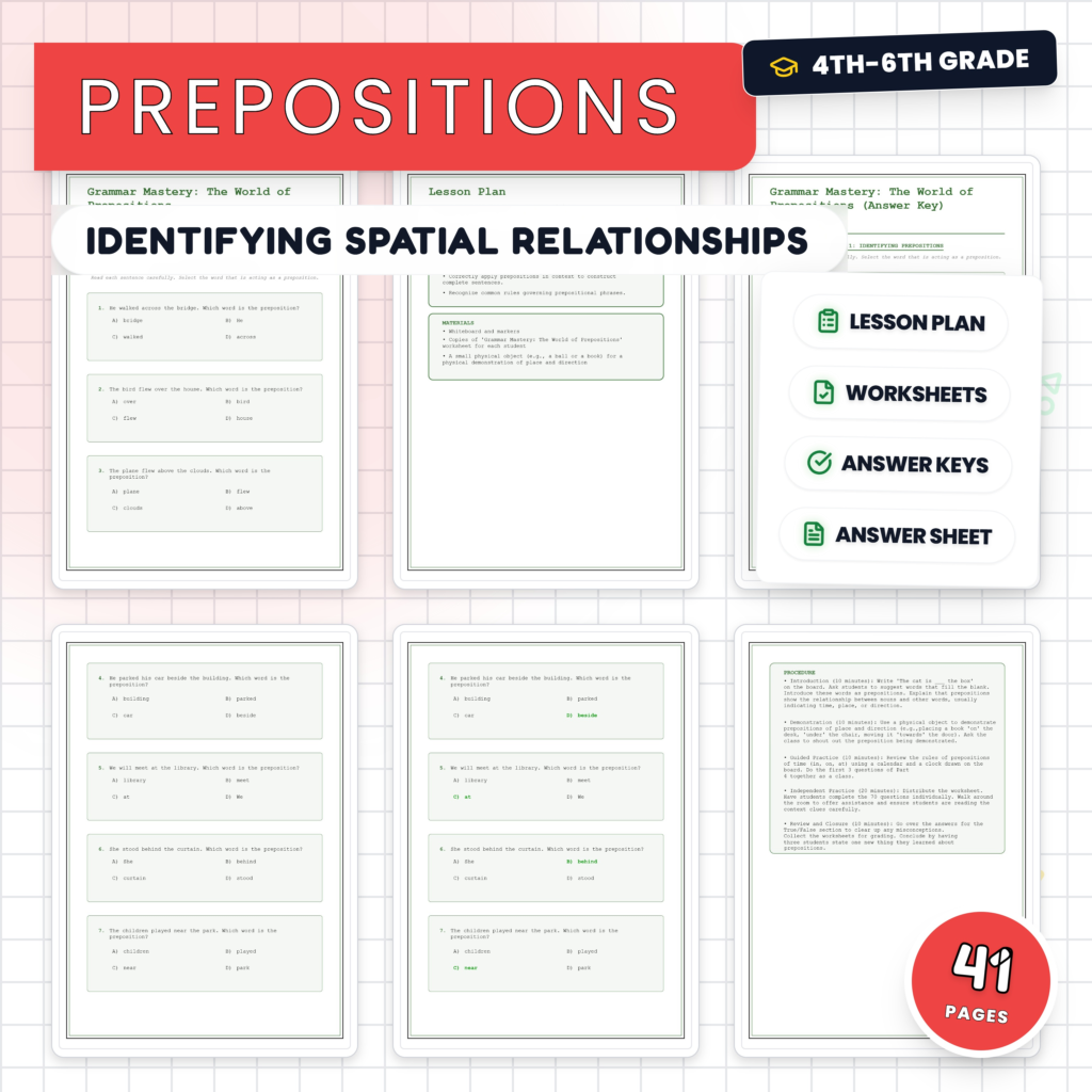 Prepositions and Prepositional Phrases Worksheets – Time Place & Direction