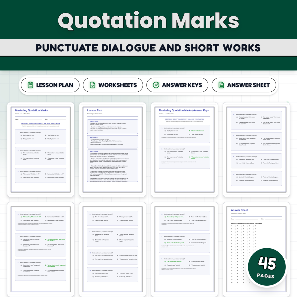 Quotation Marks Practice Worksheets – Dialogue Punctuation & Short Titles