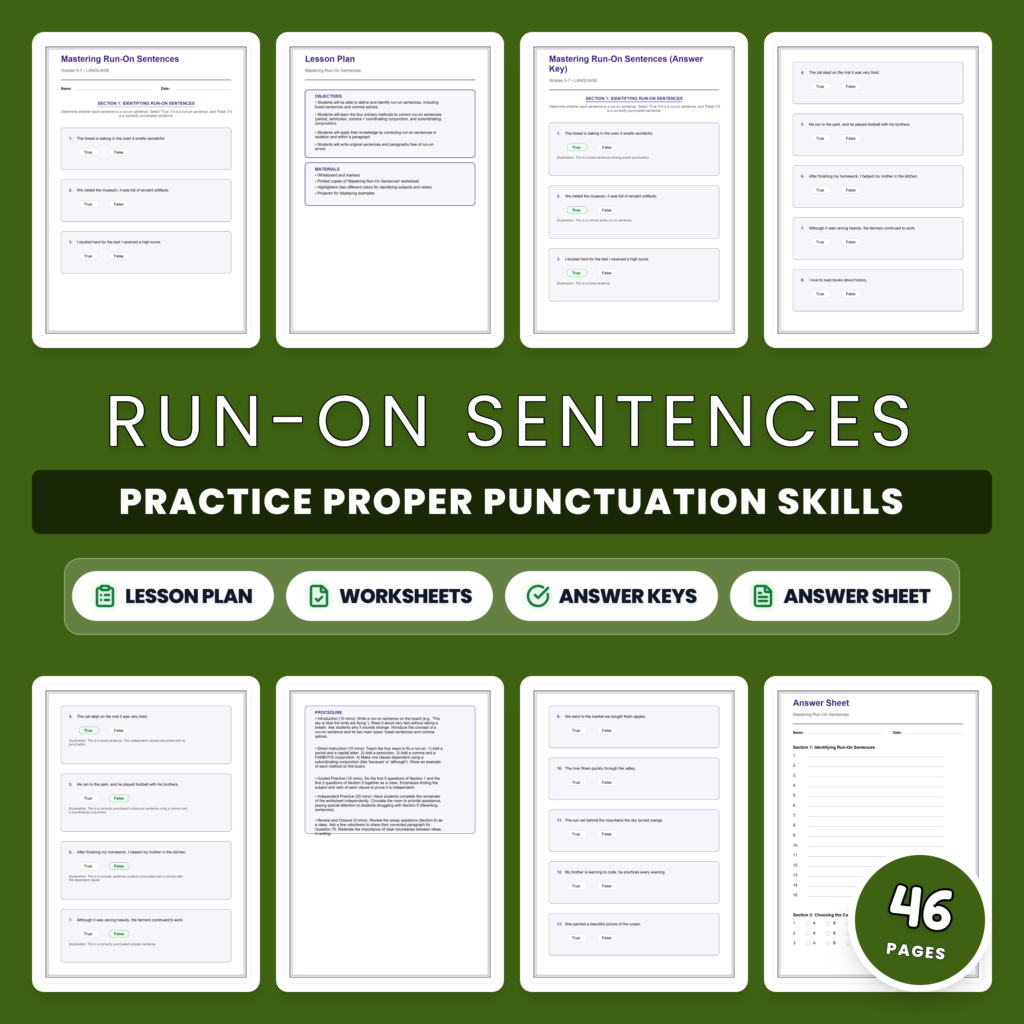 Run-On Sentences Worksheets – Comma Splices and Fused Sentence Practice Set