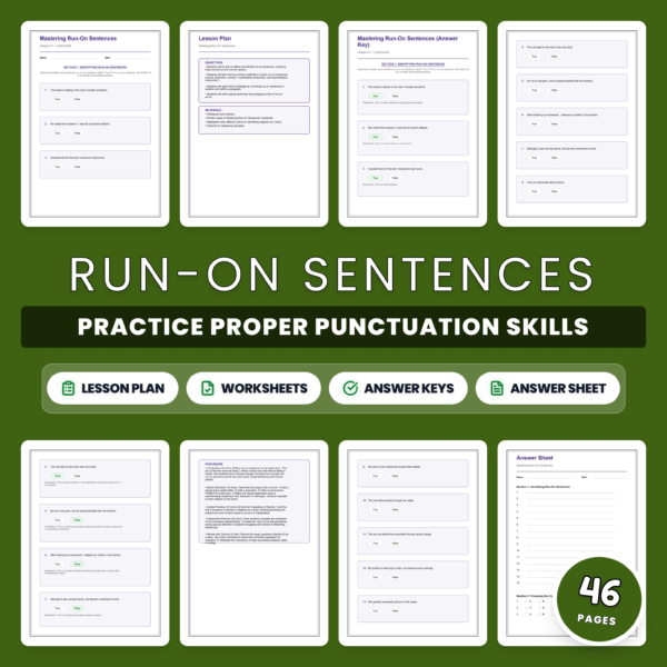 Run-On Sentences Worksheets - Comma Splices and Fused Sentence Practice Set — resource cover