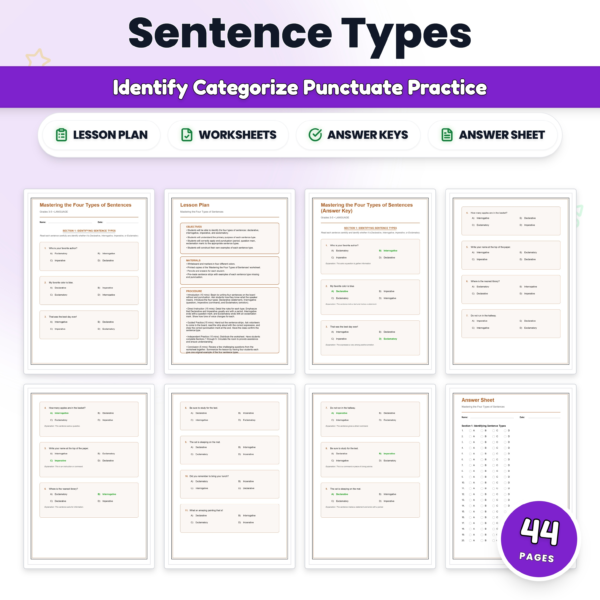 Four Types of Sentences Worksheets | Sentence Types Practice | Grammar Activity — resource cover