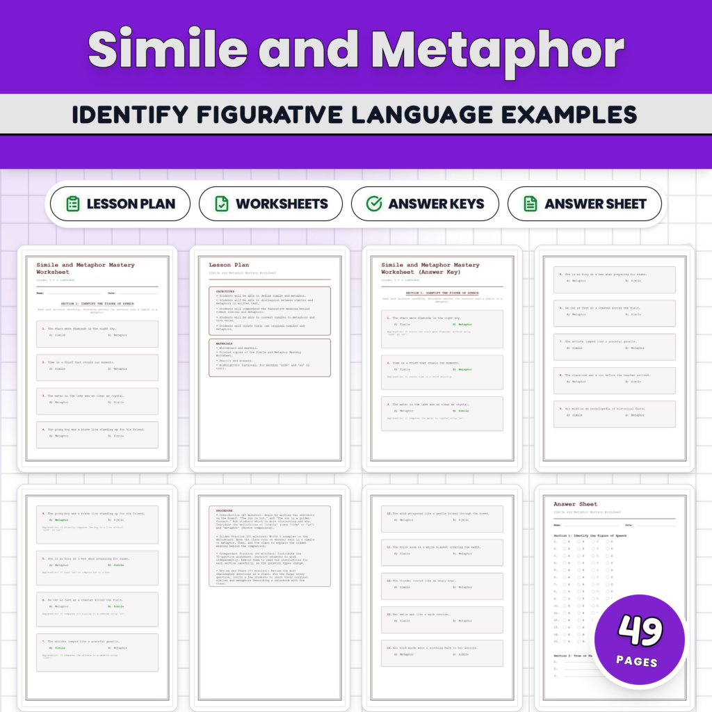 Simile and Metaphor Worksheets | Figurative Language Practice with Answer Key