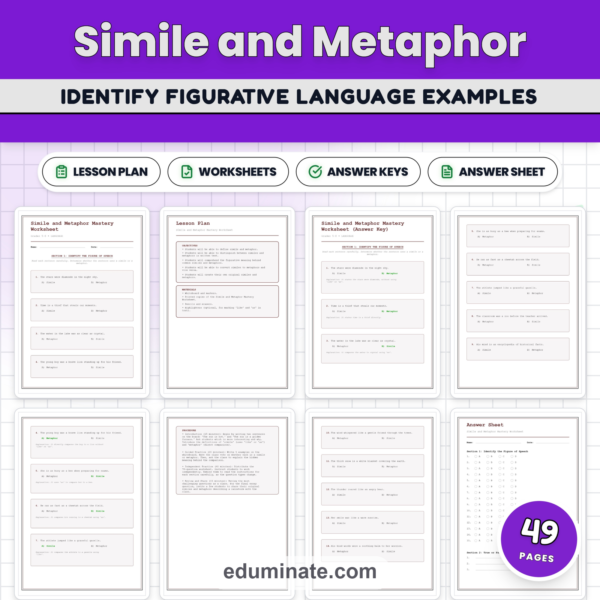 Simile and Metaphor Worksheets | Figurative Language Practice with Answer Key — resource cover