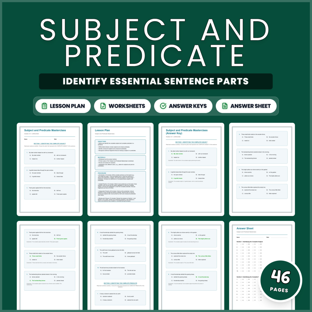 Subject and Predicate Worksheets | Complete Simple Compound Grammar Practice