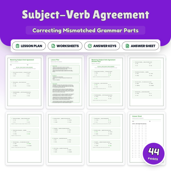 Subject-Verb Agreement Worksheet | Grammar Practice | Answer Key and Lesson Plan — resource cover