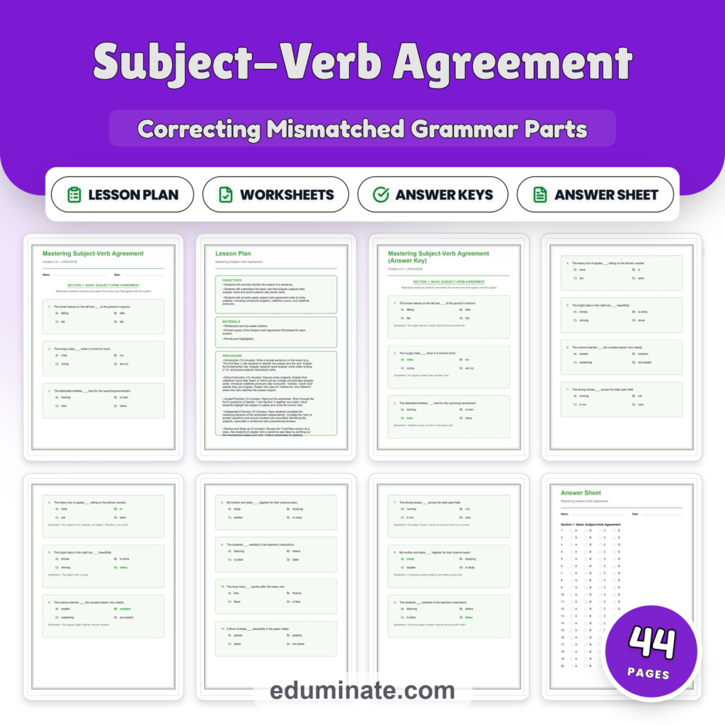 Subject-verb agreement worksheet cover with lesson plan, worksheets, answer keys and answer sheet labels and a 44 pages badge