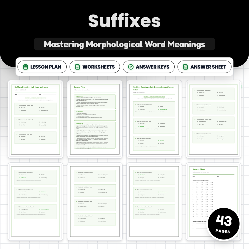 Suffixes -ful -less -ness Worksheets, Word Meaning Practice with Answer Key