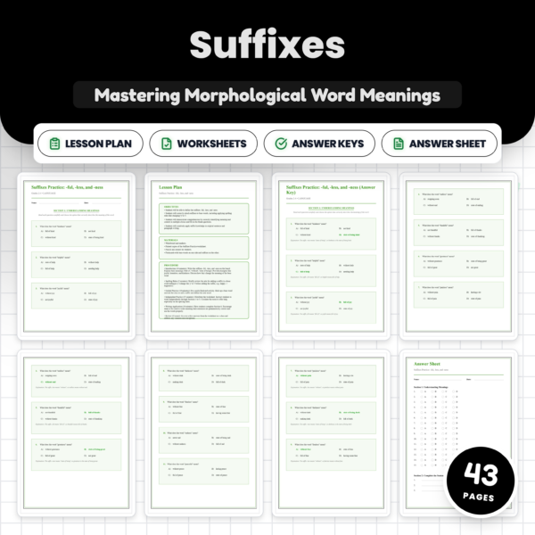 Suffixes -ful -less -ness Worksheets, Word Meaning Practice with Answer Key — resource cover