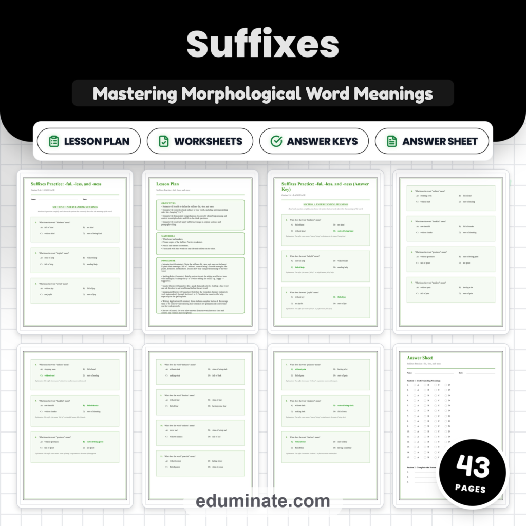 Suffixes worksheets cover showing lesson plan, worksheet, answer key and answer sheet page counts