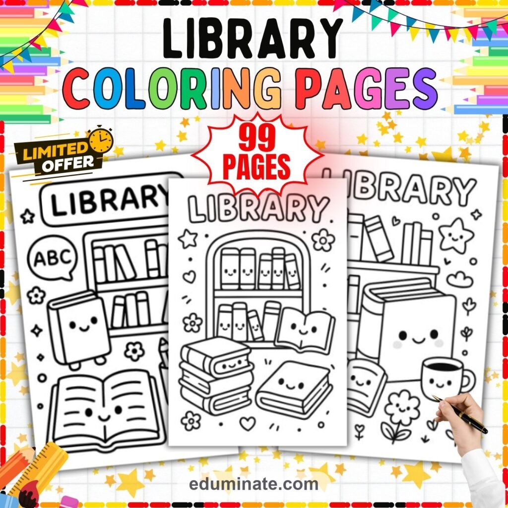 Library Coloring Pages Reading and Books Art Activity Sheets Pack for Kids cover