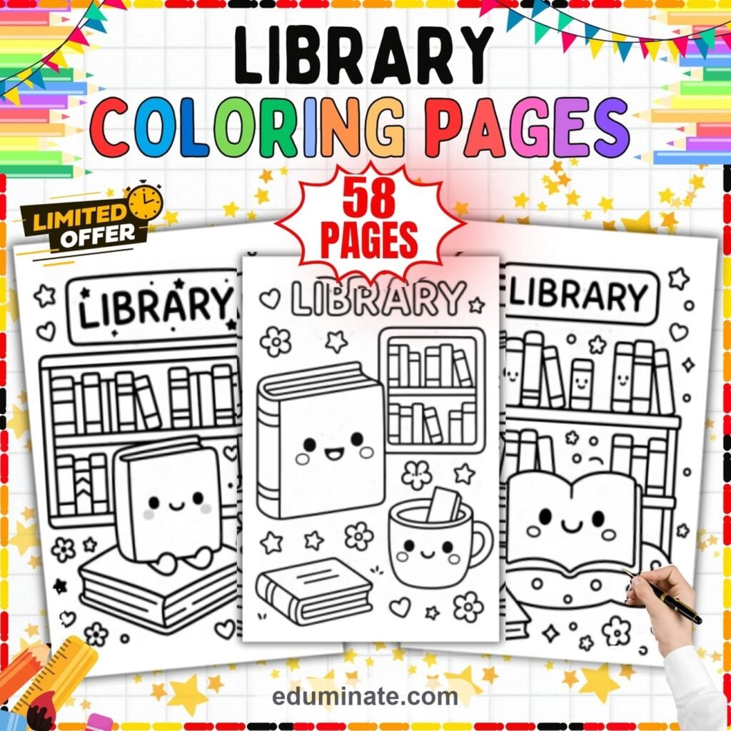School Library Coloring Pages Book Week Art Activity Sheets Pack for Kids cover