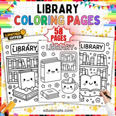 School Library Coloring Pages Book Week Art Activity Sheets Pack for Kids — resource cover